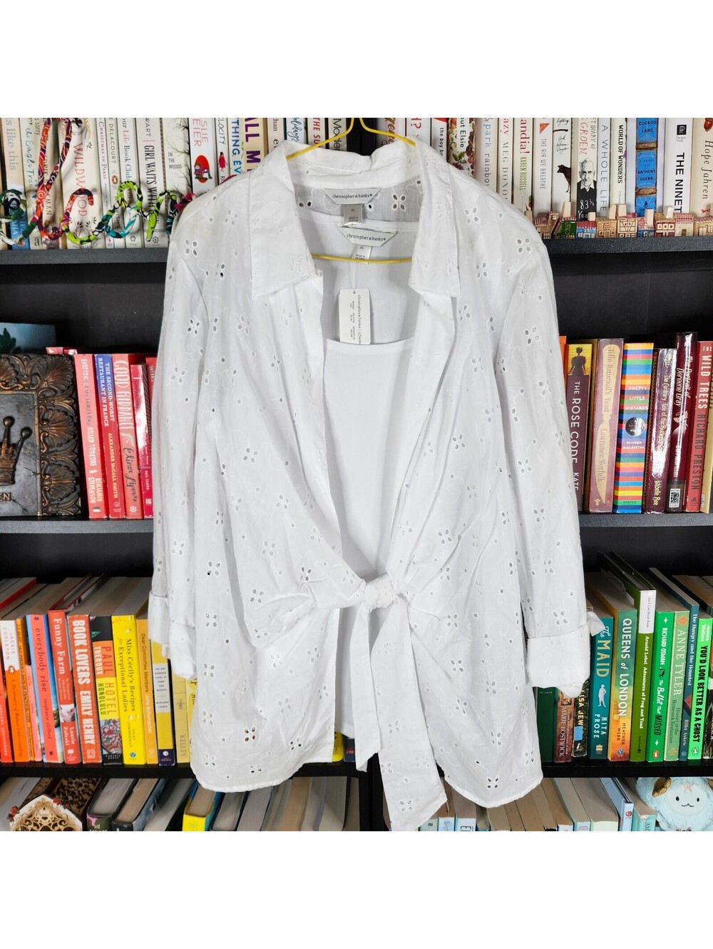 Christopher & Banks White Eyelet Tie Front Blouse & Tank Set XL NWT